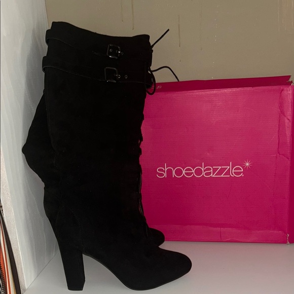Shoe Dazzle Black Heeled Boots with Buckle Details - Picture 3 of 4